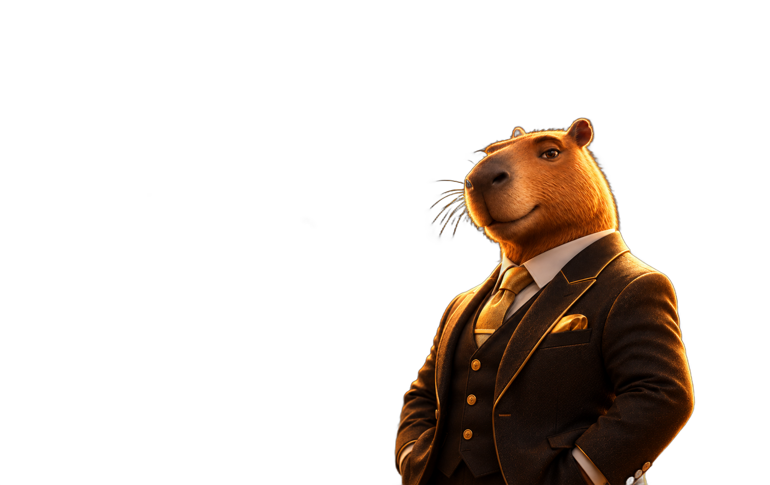 An original CAPYVERSE capybara in a dark suit with a gold tie